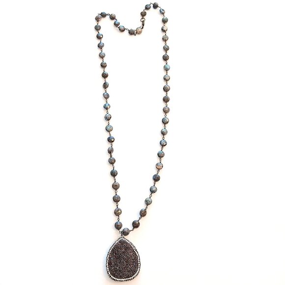 Vintage B Alli Gray Glass Necklace With Stone Iridescent Pendant - Picture 1 of 4